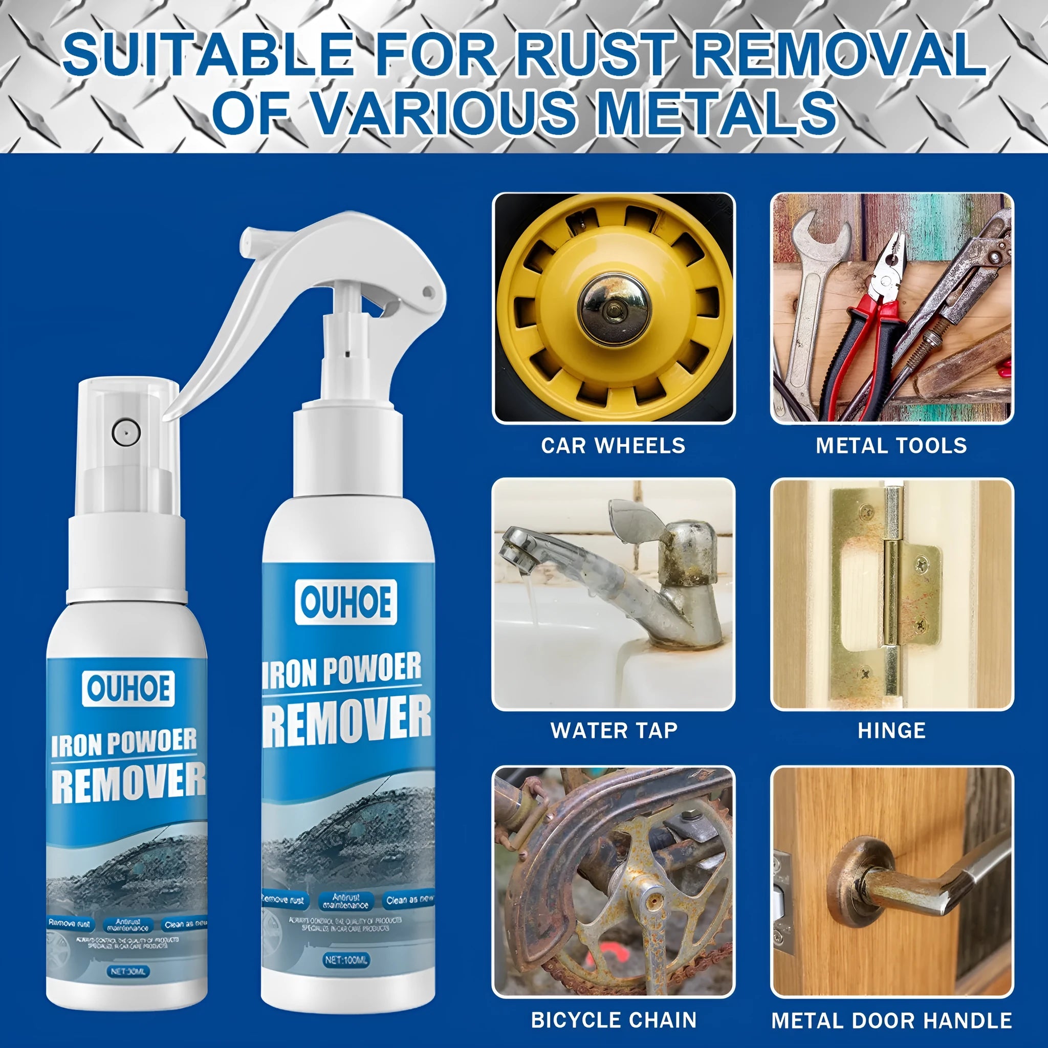 Automotive rust remover spray bottle with blue square sponge applicator for car rust treatment
