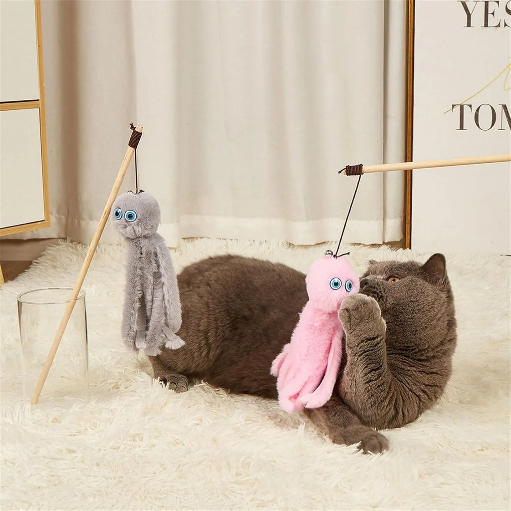 Octopus-themed furry cat toy with eyes on 40cm long stick for indoor kitten play