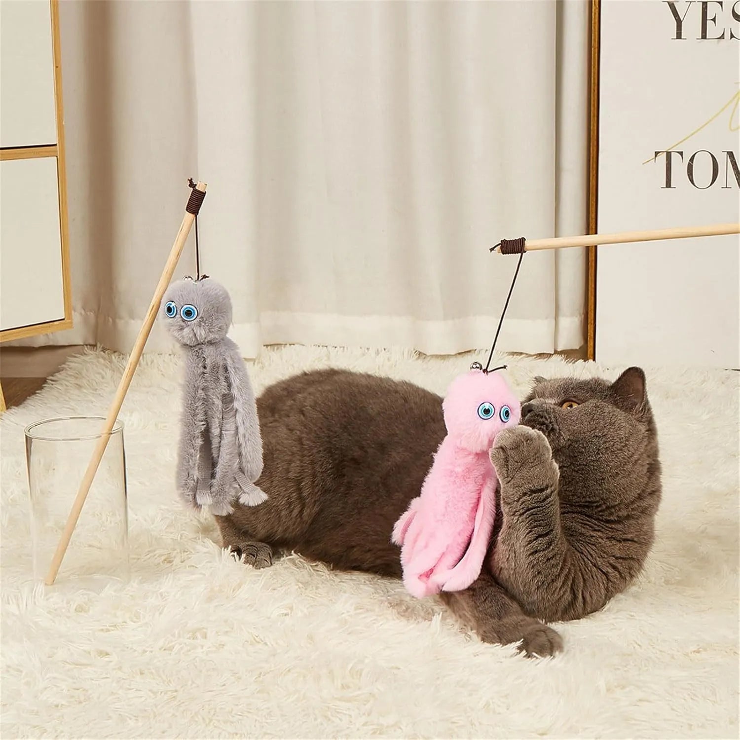 Octopus-themed furry cat toy with eyes on 40cm long stick for indoor kitten play