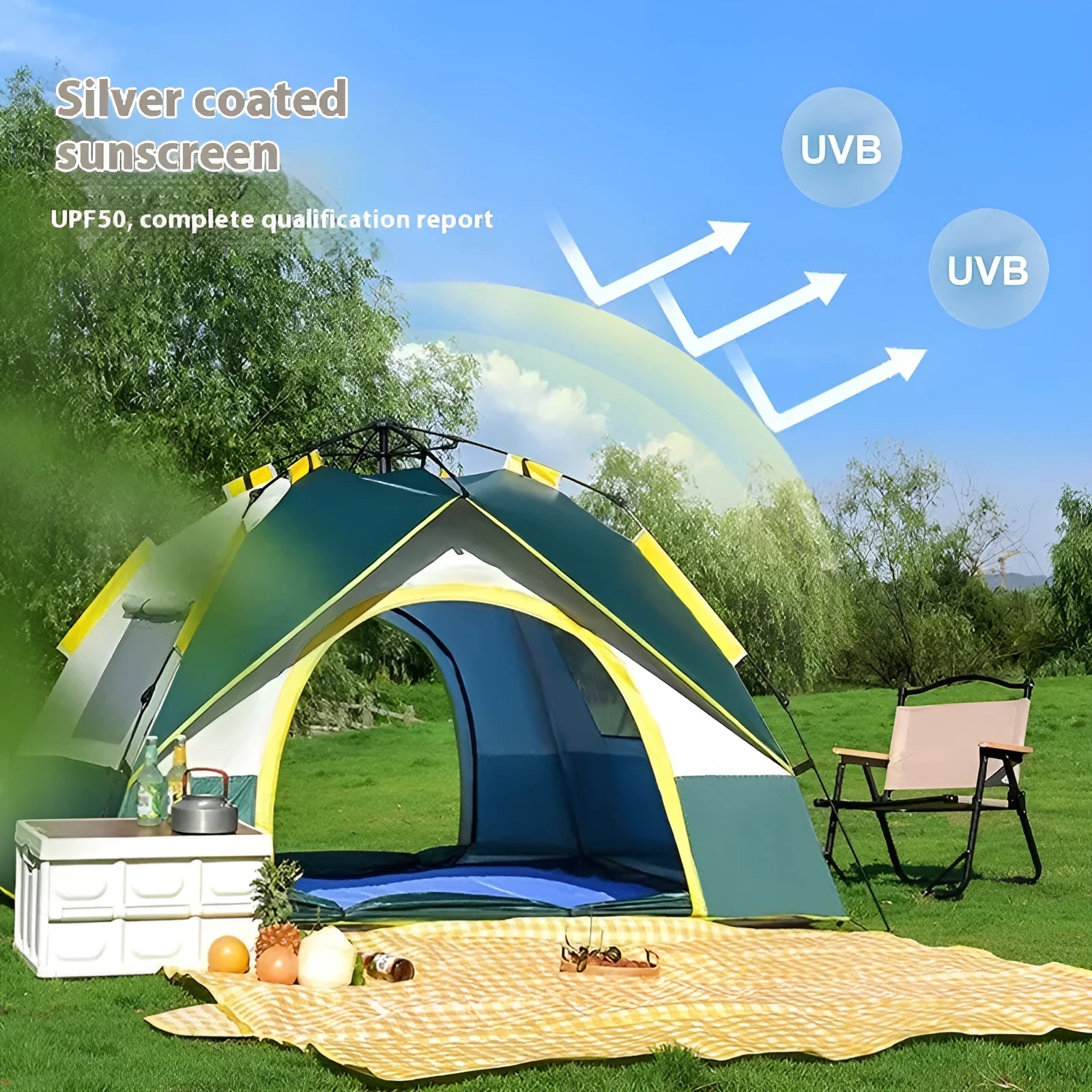 Dark green three to four person automatic quick-open camping tent with storage bag and accessories.