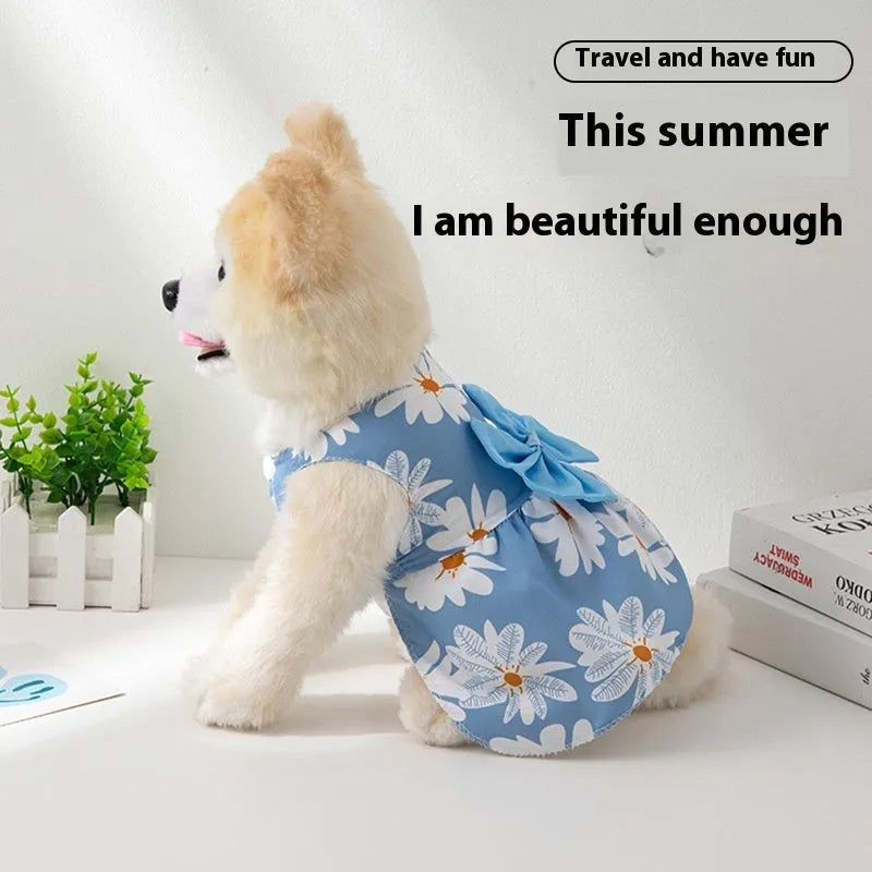 Ultra-thin summer pet dress with floral butterfly knot at neck in multiple bow colour options