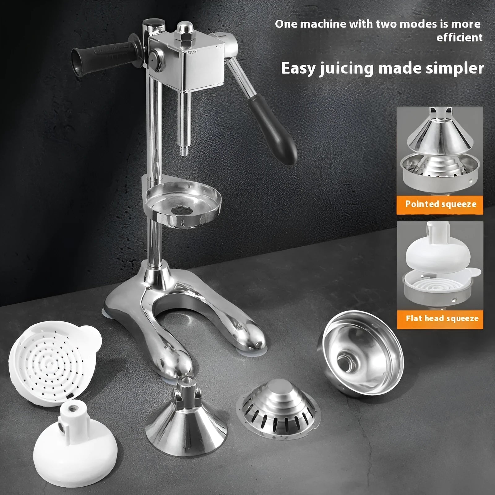 Vertical stainless steel manual juicer with three tip options: pointed head, flat head, and double head.