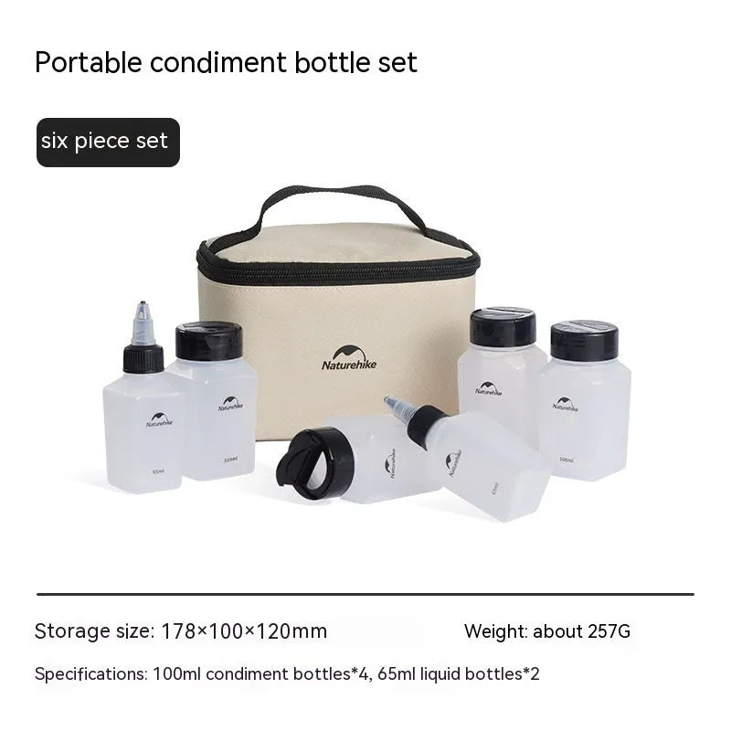 Naturehike outdoor seasoning bottle set showing six white PP containers with modern simple design