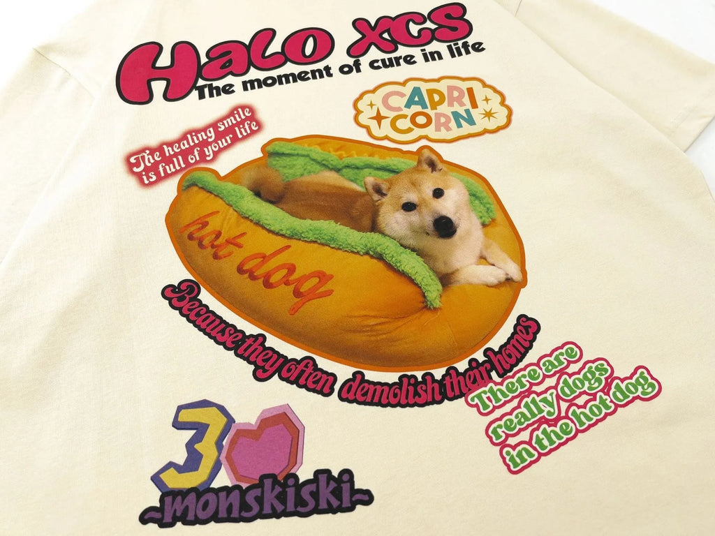 Cartoon hamburger dog printed cotton T-shirt in loose fit available in three colours