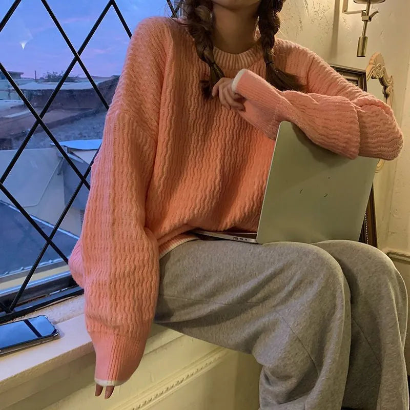 Women's loose fit pullover sweater in lake blue, purple, or pink retro colours