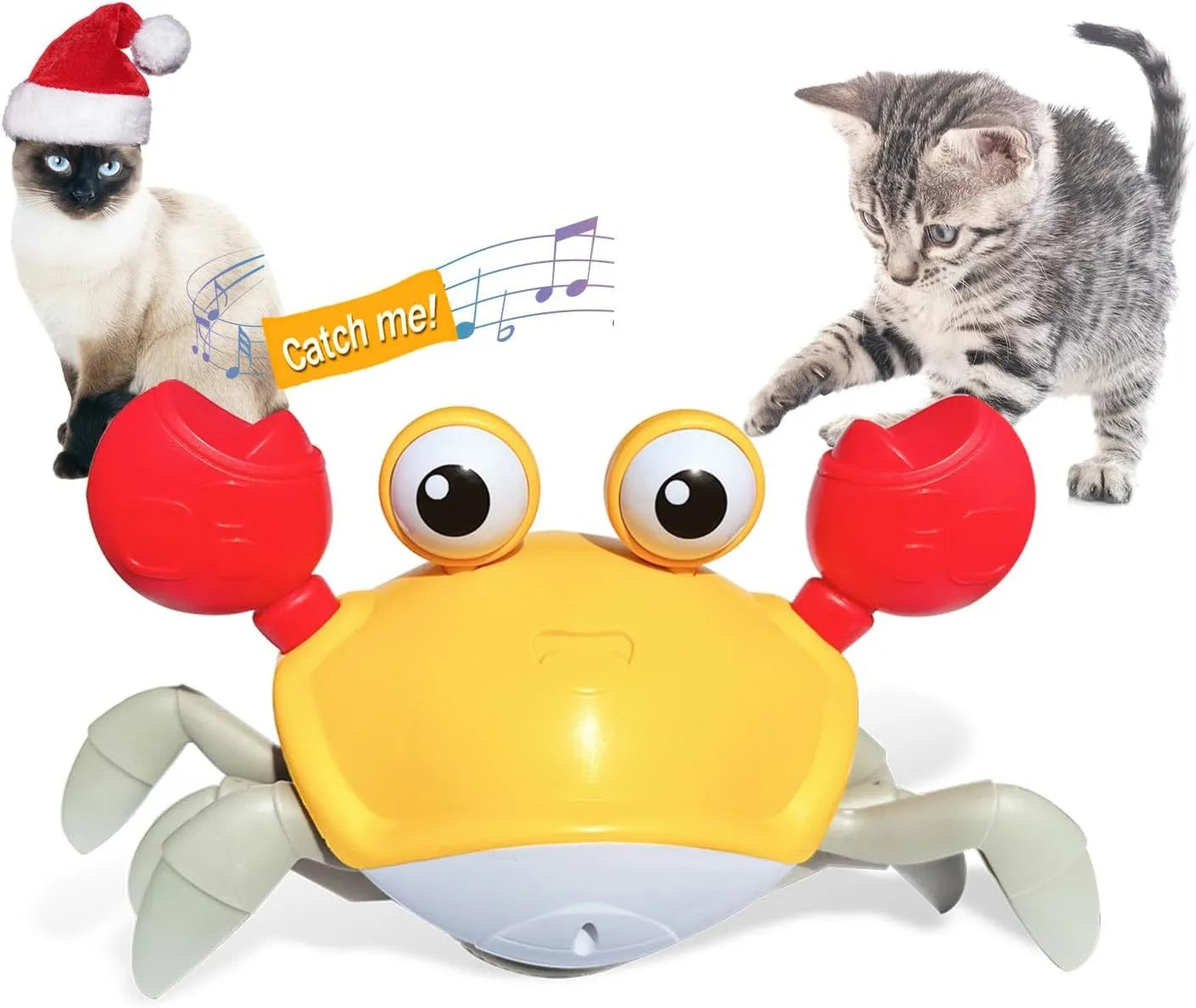 Blue or red electronic crawling crab dog toy with lights, shown on floor.