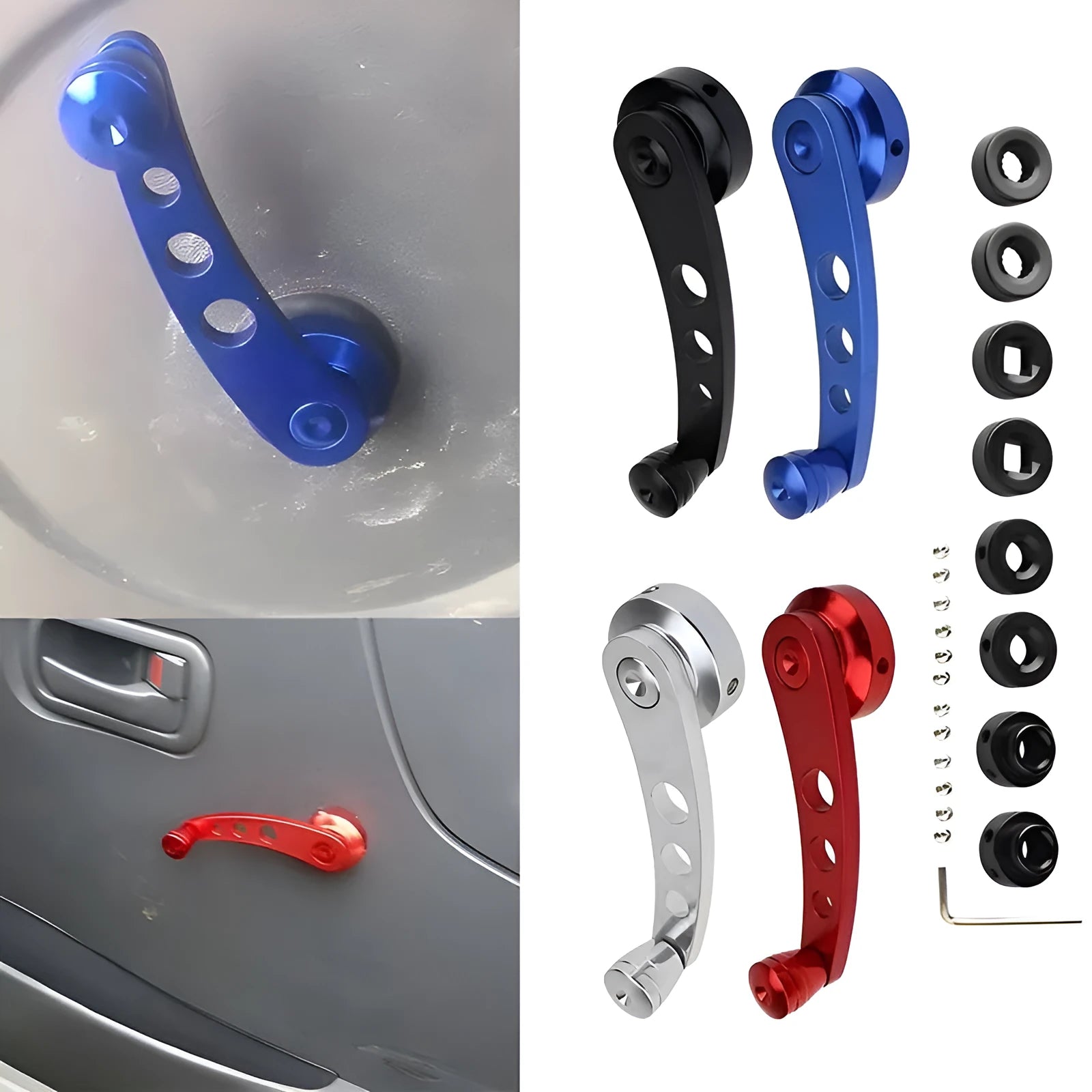 Pair of alloy car modification lifter hand crank accessories in black, blue, red, and silver colour options