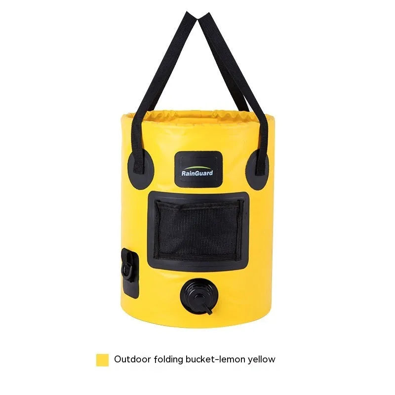 Plastic folding fishing bucket showing collapsible design and colour options with optional net pocket