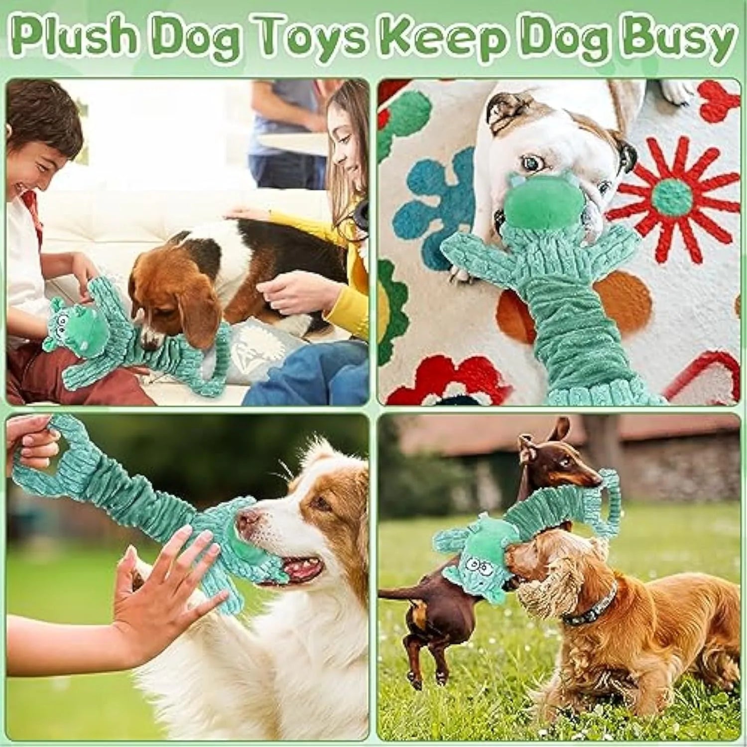 Large squeaky plush dog toy in hippo or monkey design with a handle base for tug of war games