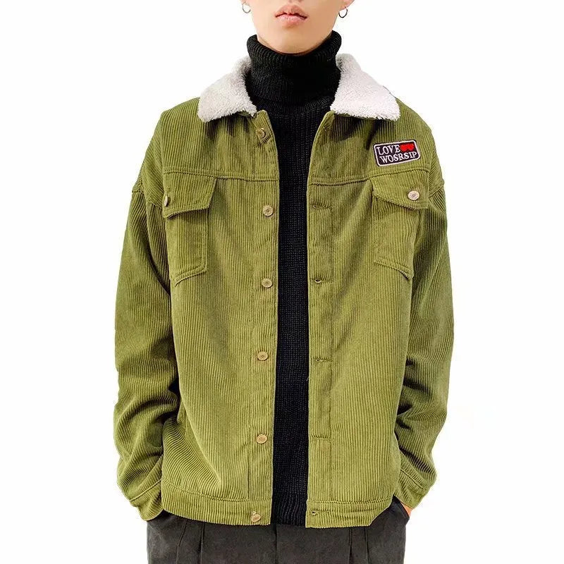 Corduroy workwear jacket in khaki colour with size stick pockets and regular sleeves