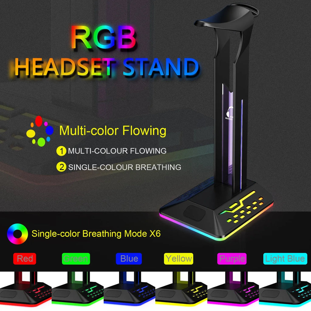 RGB colour-changing headphone display bracket with integrated dual USB ports on a desk.