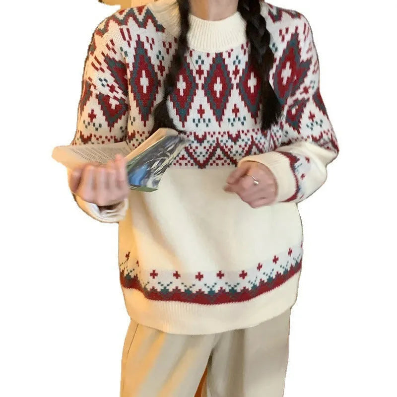 Loose retro stripe pullover knitted top in red or white colour