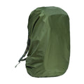 Army green backpack rain cover with elastic edges shown alongside 80 litre backpack for scale