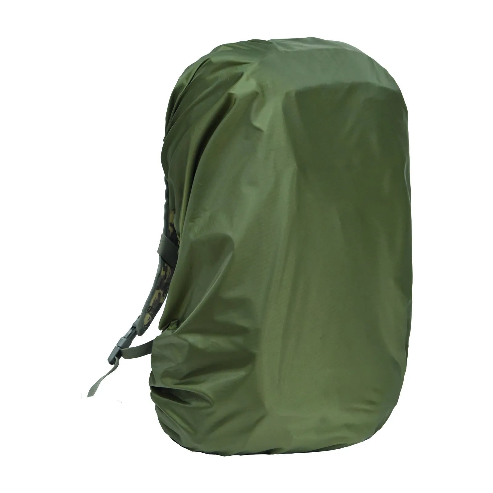 Army green backpack rain cover with elastic edges shown alongside 80 litre backpack for scale
