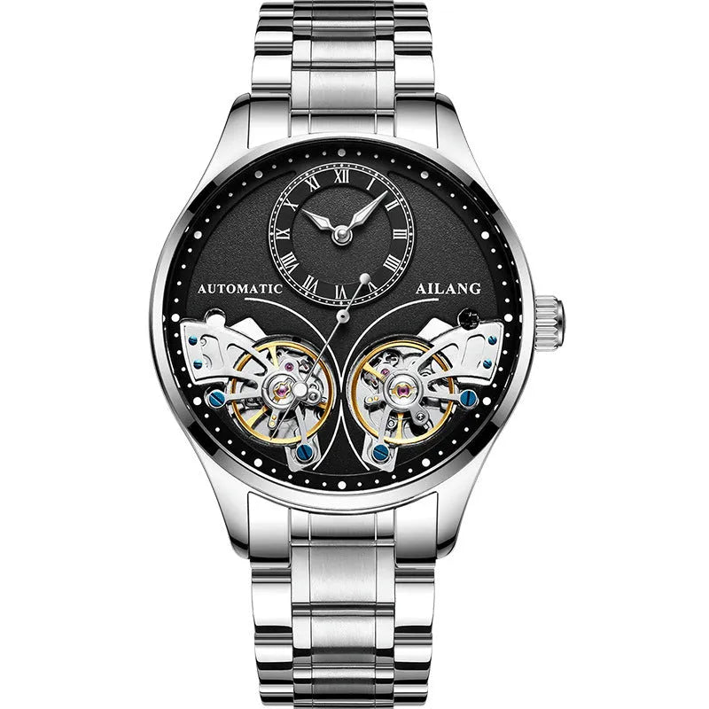 Men's automatic watch with tourbillon and moon phase complications in black steel case