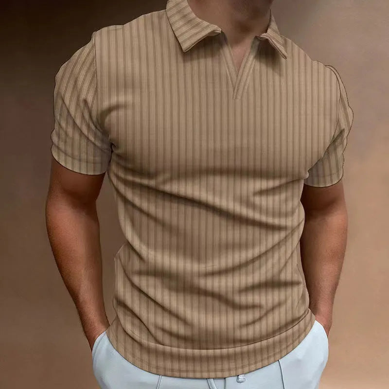 Men's striped V-neck polo shirt in cotton blend fabric for summer sports wear