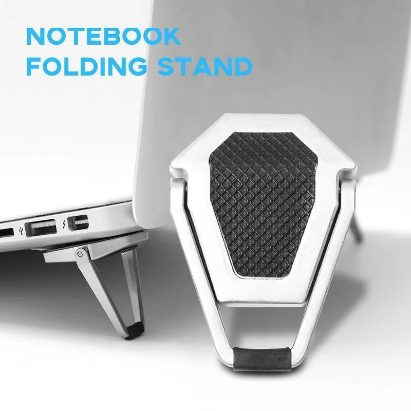 Compact foldable aluminum alloy laptop stand bracket shown in silver and white colour options.
