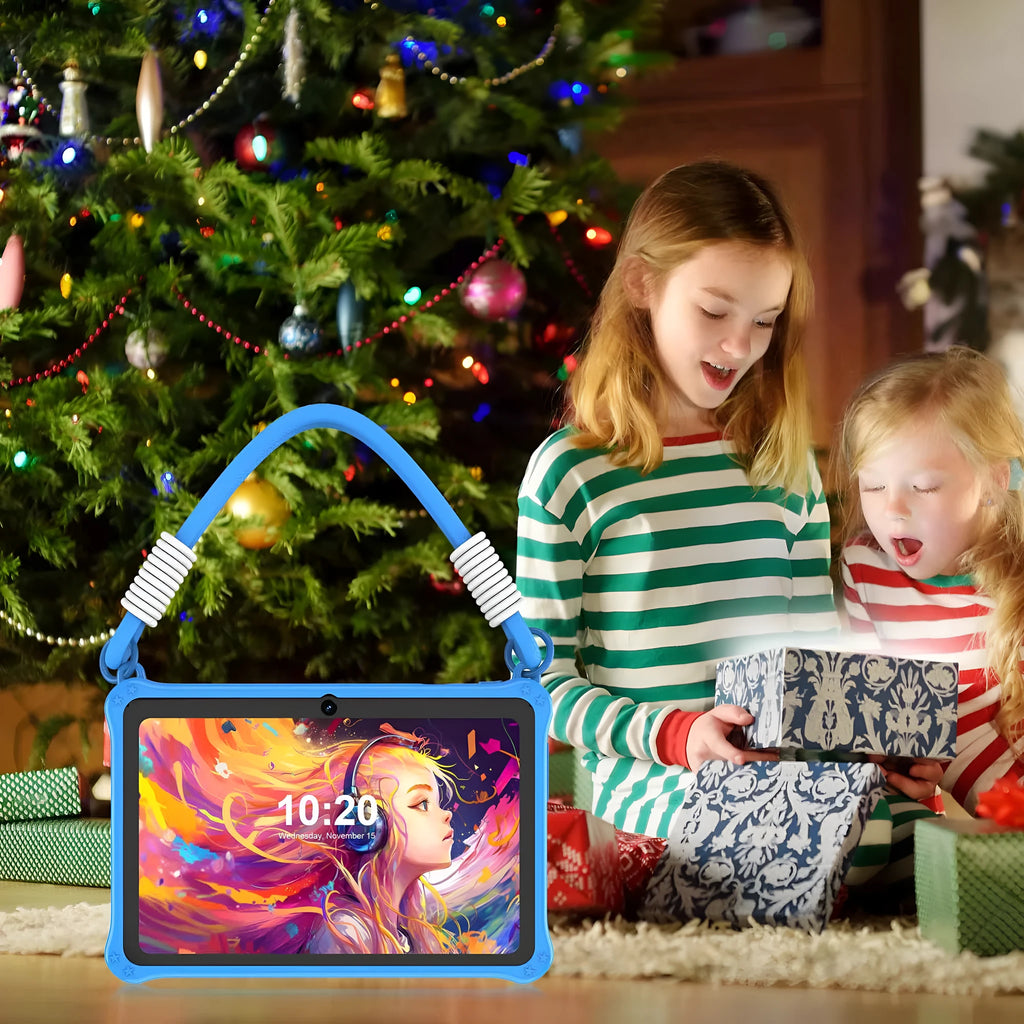 7-inch children's tablet in sapphire blue or dark pink silicone protective case with flat strap and GPS support