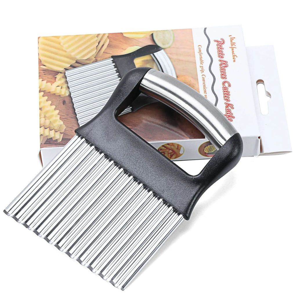 Stainless steel potato wave knife for cutting crinkle chips, shown in black and white.