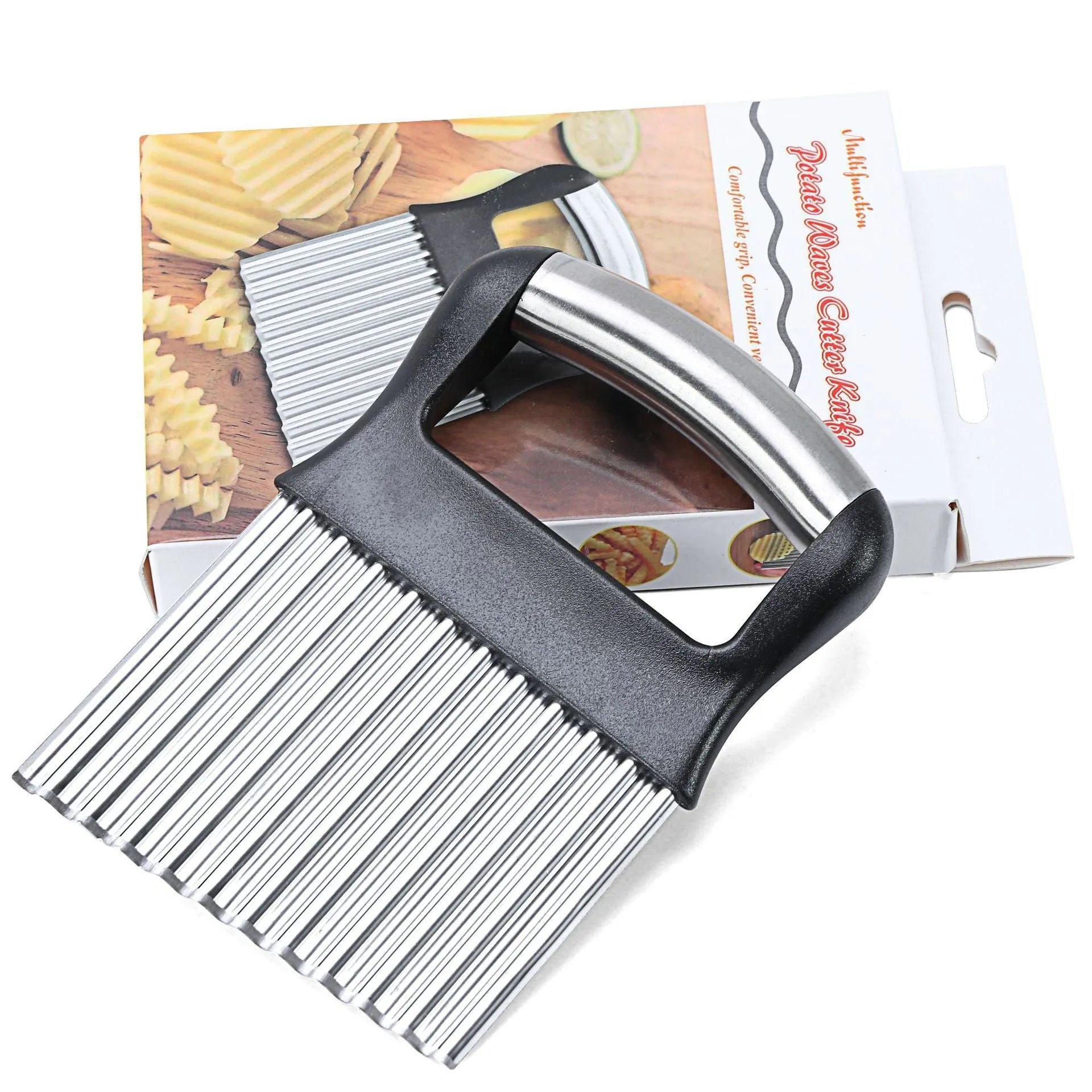 Stainless steel potato wave knife for cutting crinkle chips, shown in black and white.