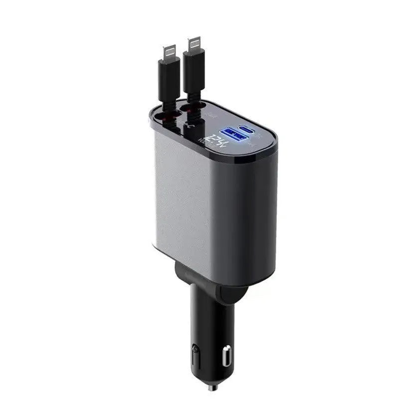 100W metal car charger with retractable cable and adjustable head for fast mobile charging in a car