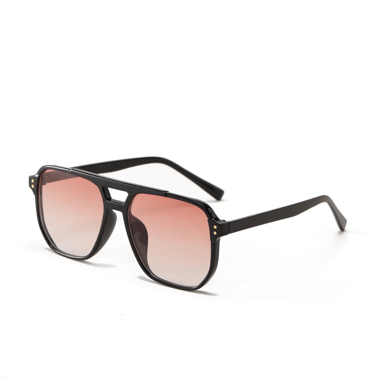 Square double beam fashion sunglasses for women in black frame with pink lens, showing UV400 protection.