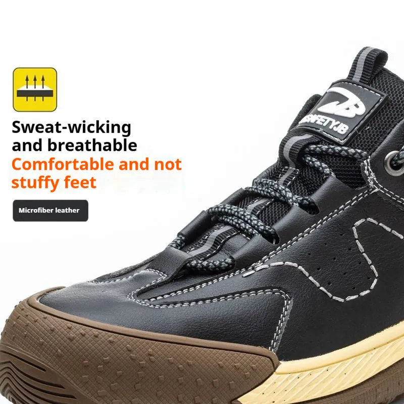 Work shoes with Flyknit construction, leather upper, and rubber sole available in multiple colours and sizes