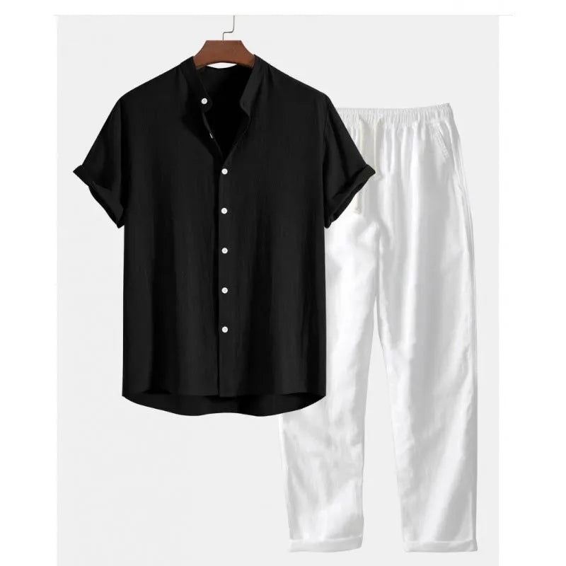 Men's loose fit casual short sleeve shirt and trousers set in linen-look fabric