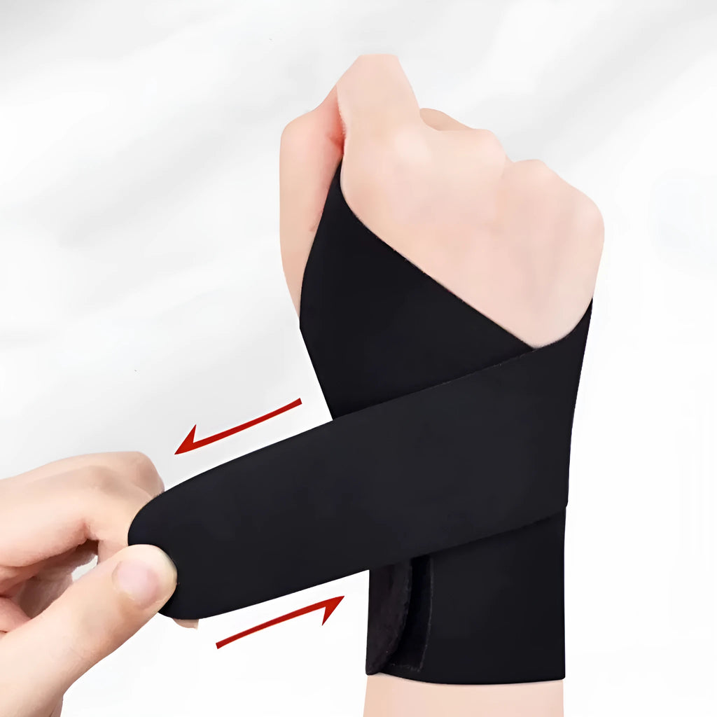 Black adjustable athletic wristguard for wrist support during sports like badminton and tennis.