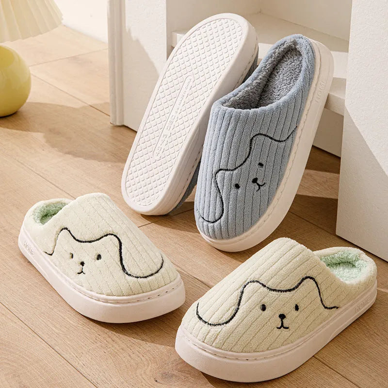 Cat print plush indoor slippers with anti-slip rubber sole in pink, green and grey for women and men