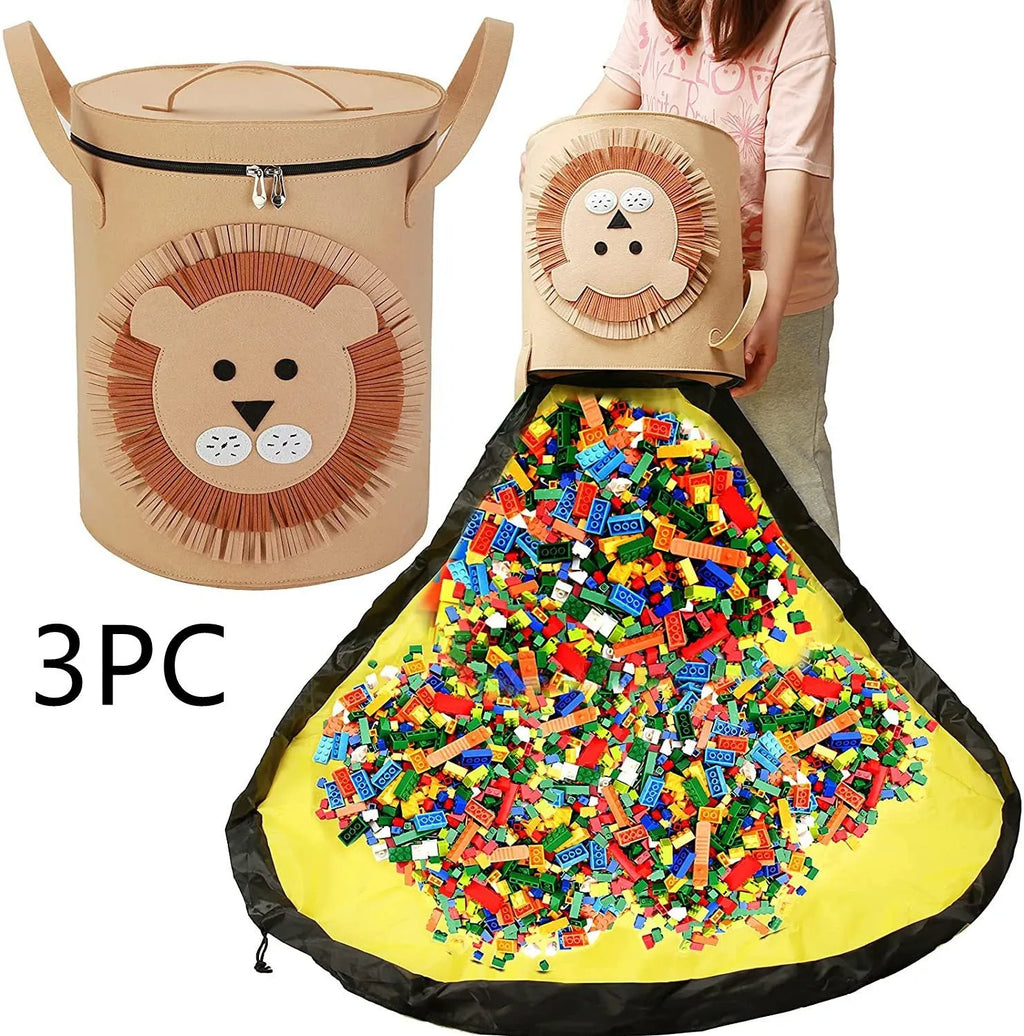 Green felt cube storage bag open as play mat with pull rope closure for children's toys