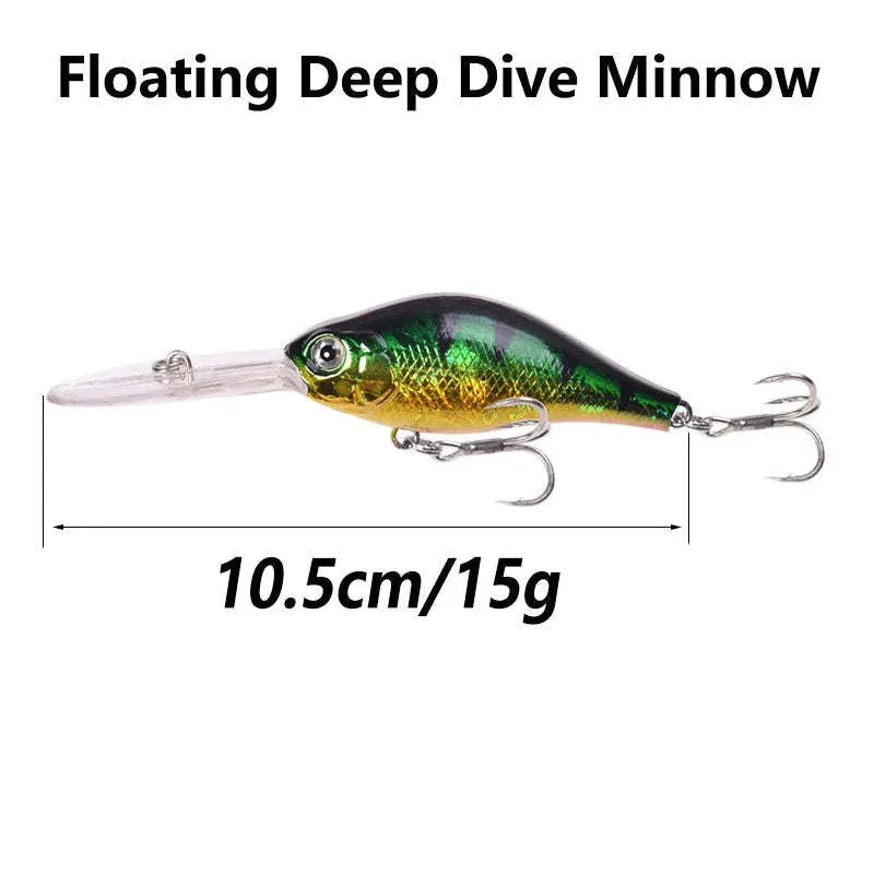 Mino fishing lure with deep diving long tongue board, 10.5cm length, 15g weight, five colour options