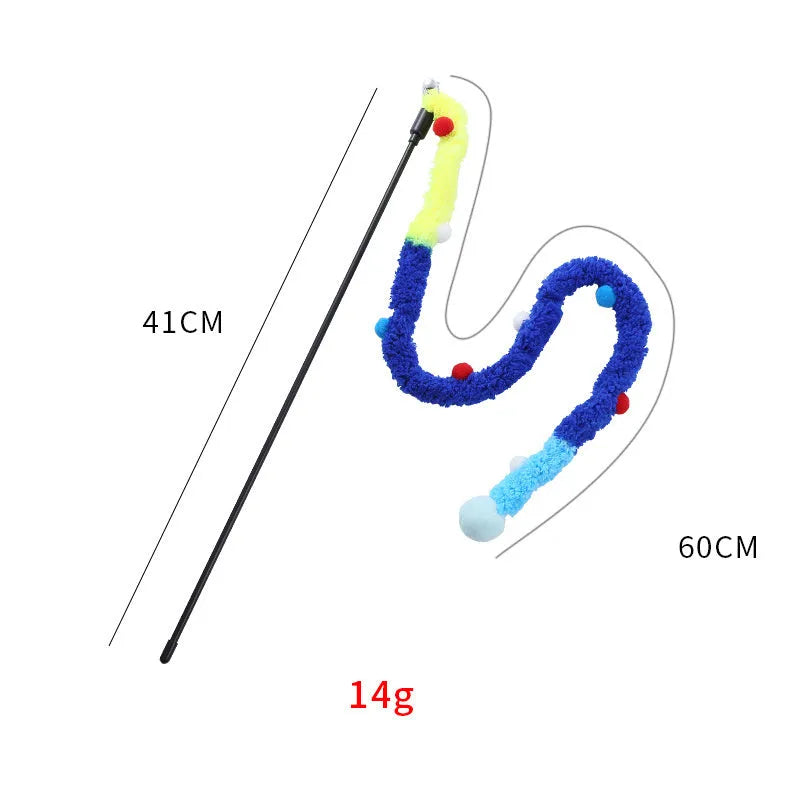 Colourful cat wand toy with plush strip, fluffy ball and bell on 41cm pole