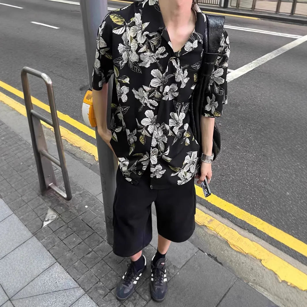 Men's black floral ice silk shirt with vintage Cuban collar and short sleeves