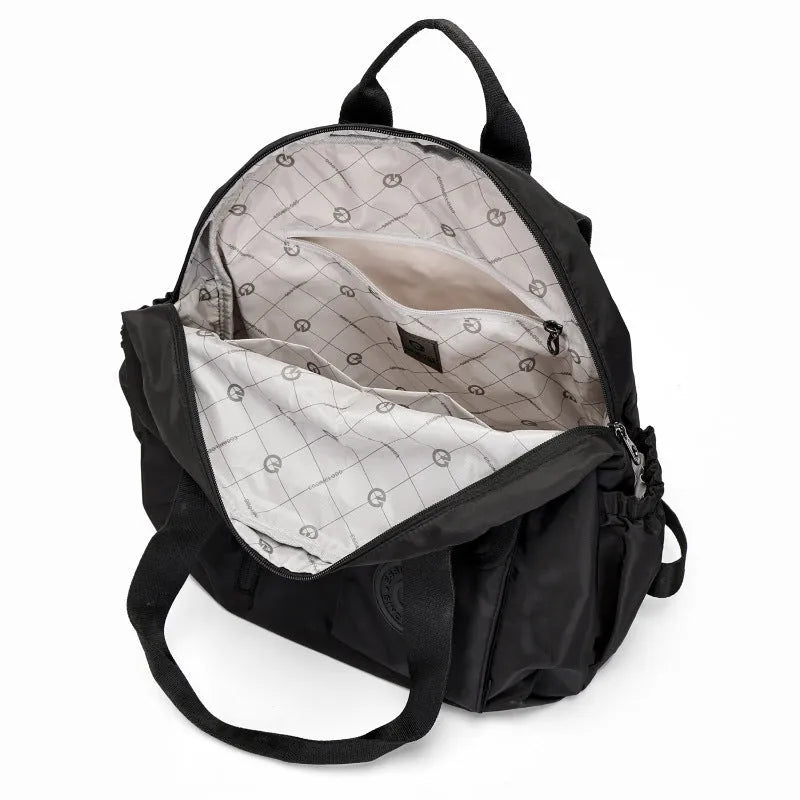 Outdoor backpack with sandwich pocket design showing black, khaki, and green letters colour options