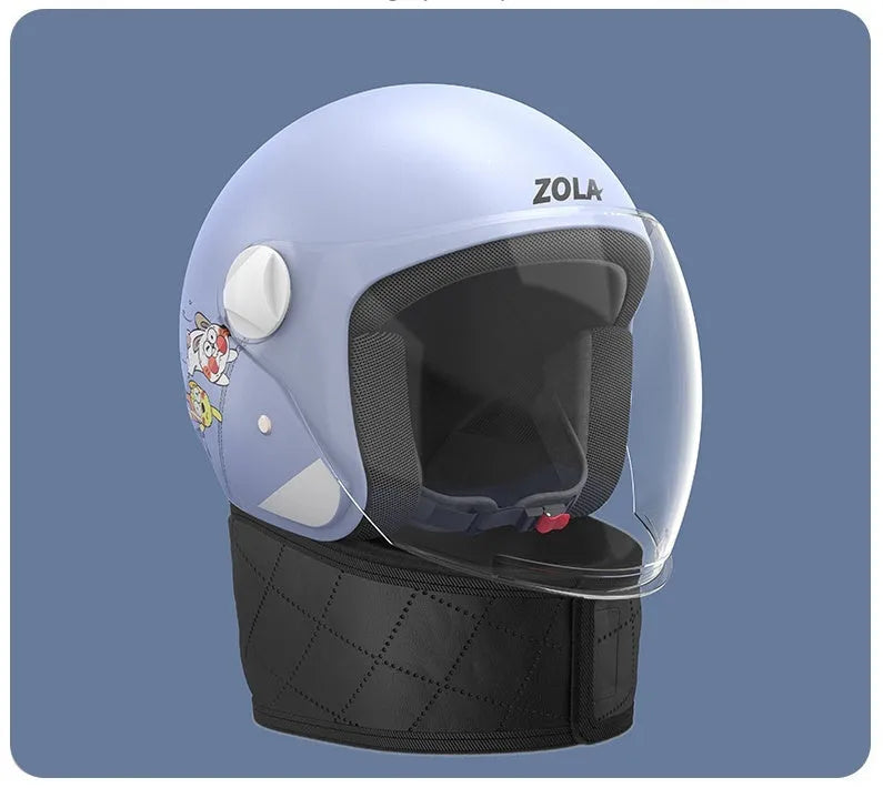 Adult electric bicycle helmet with attached winter scarf and anti-fog visor in blue colour
