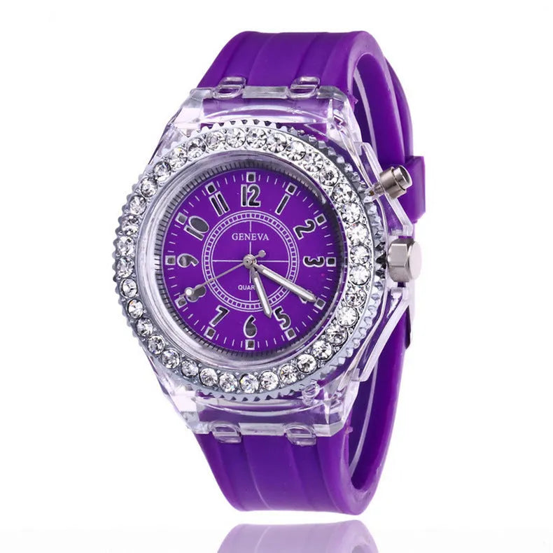 Women's LED luminous watch with round 43mm dial and coloured silicone strap