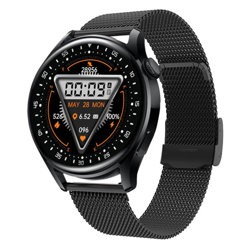 Black leather strap smartwatch with 1.32 inch touchscreen displaying health metrics