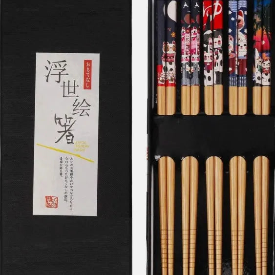 Set of Japanese-style patterned bamboo chopsticks showing lucky cat and elegant blue designs with gift box packaging