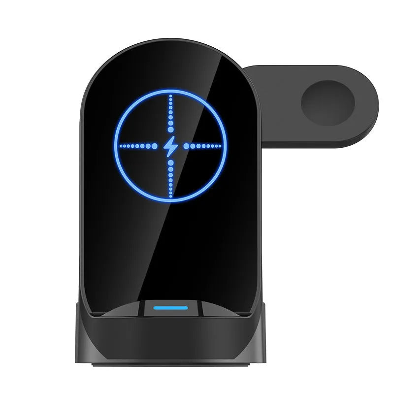 Black grey foldable wireless charging stand showing phone vertical charging, watch charging and earbuds case charging