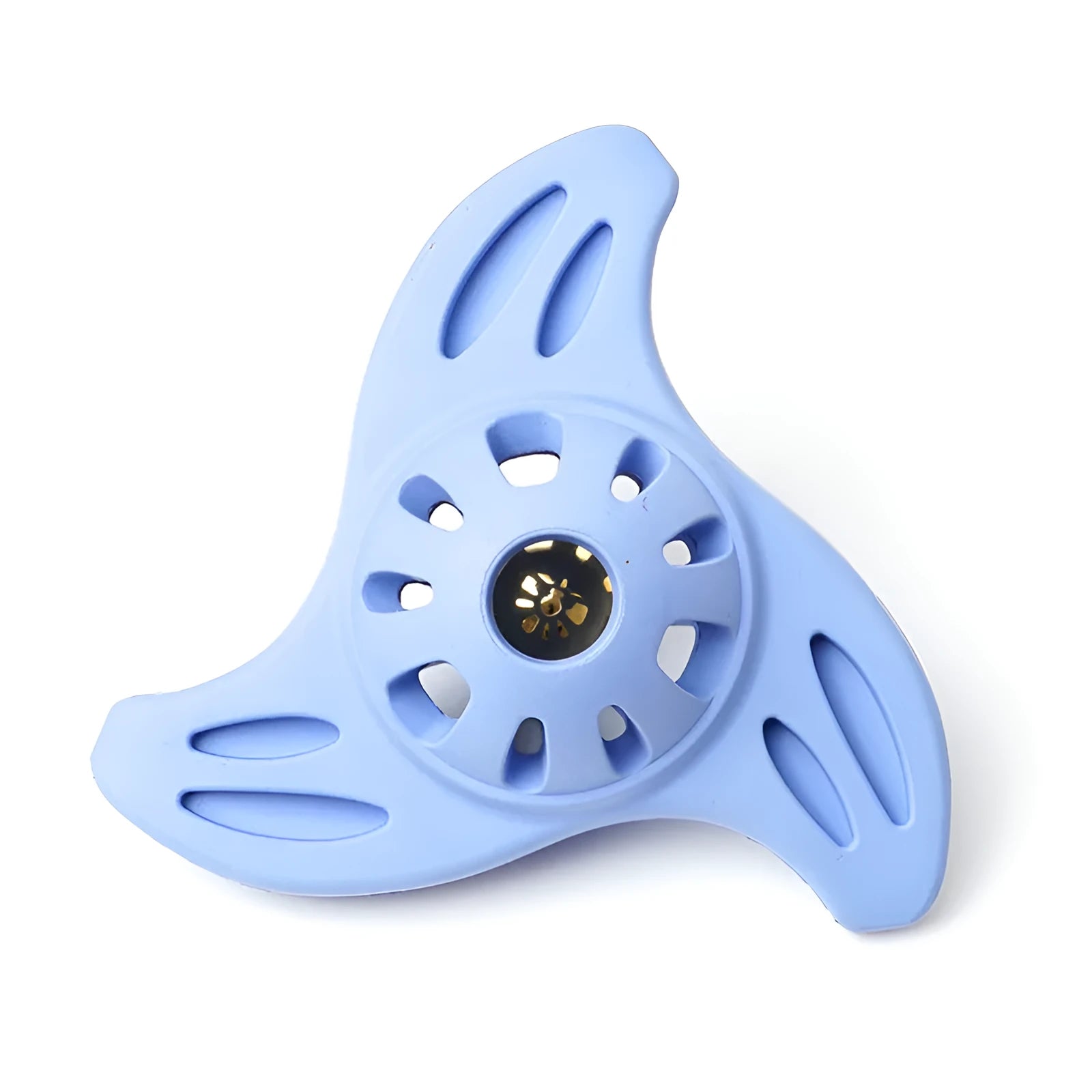 Blue boomerang shaped dog toy with molar texture for medium to large breed puppies
