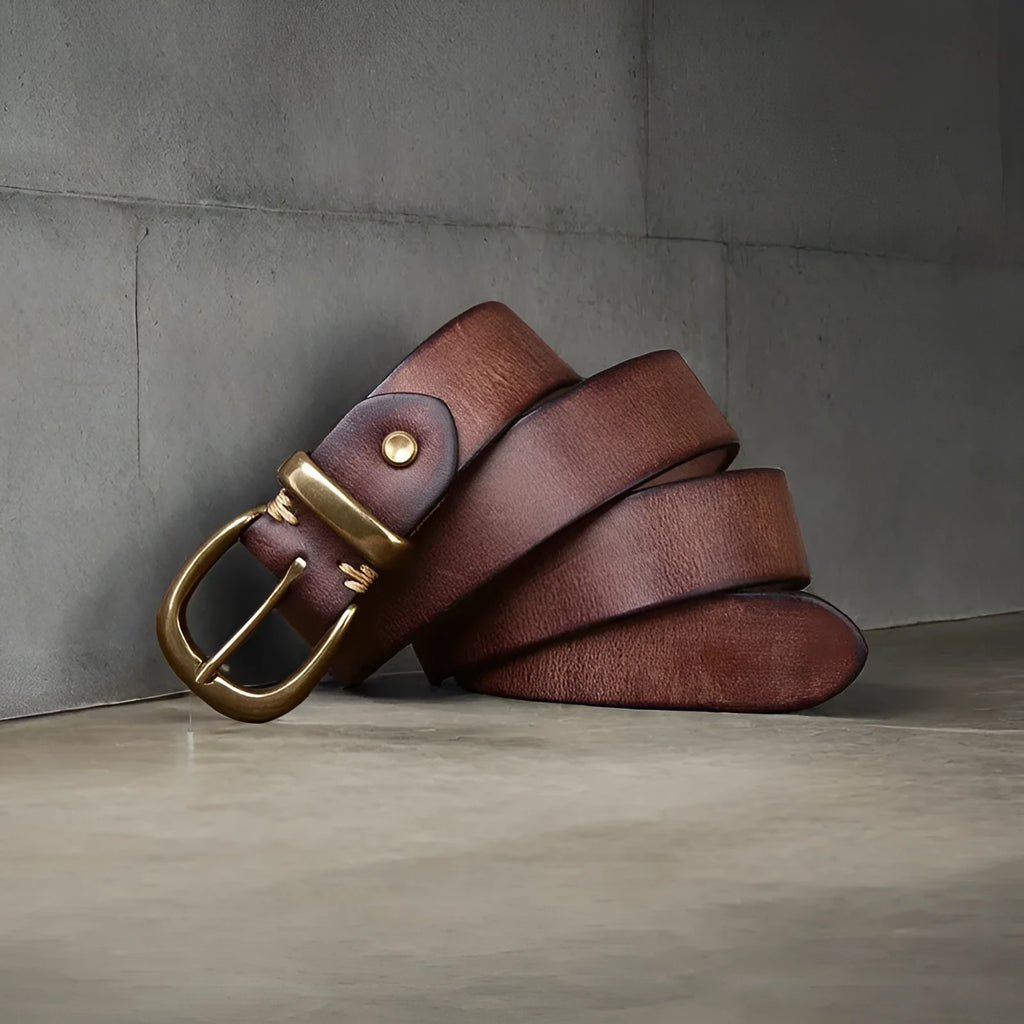 Men's casual jeans belt in cattlehide leather with copper buckle in black, brown, or khaki