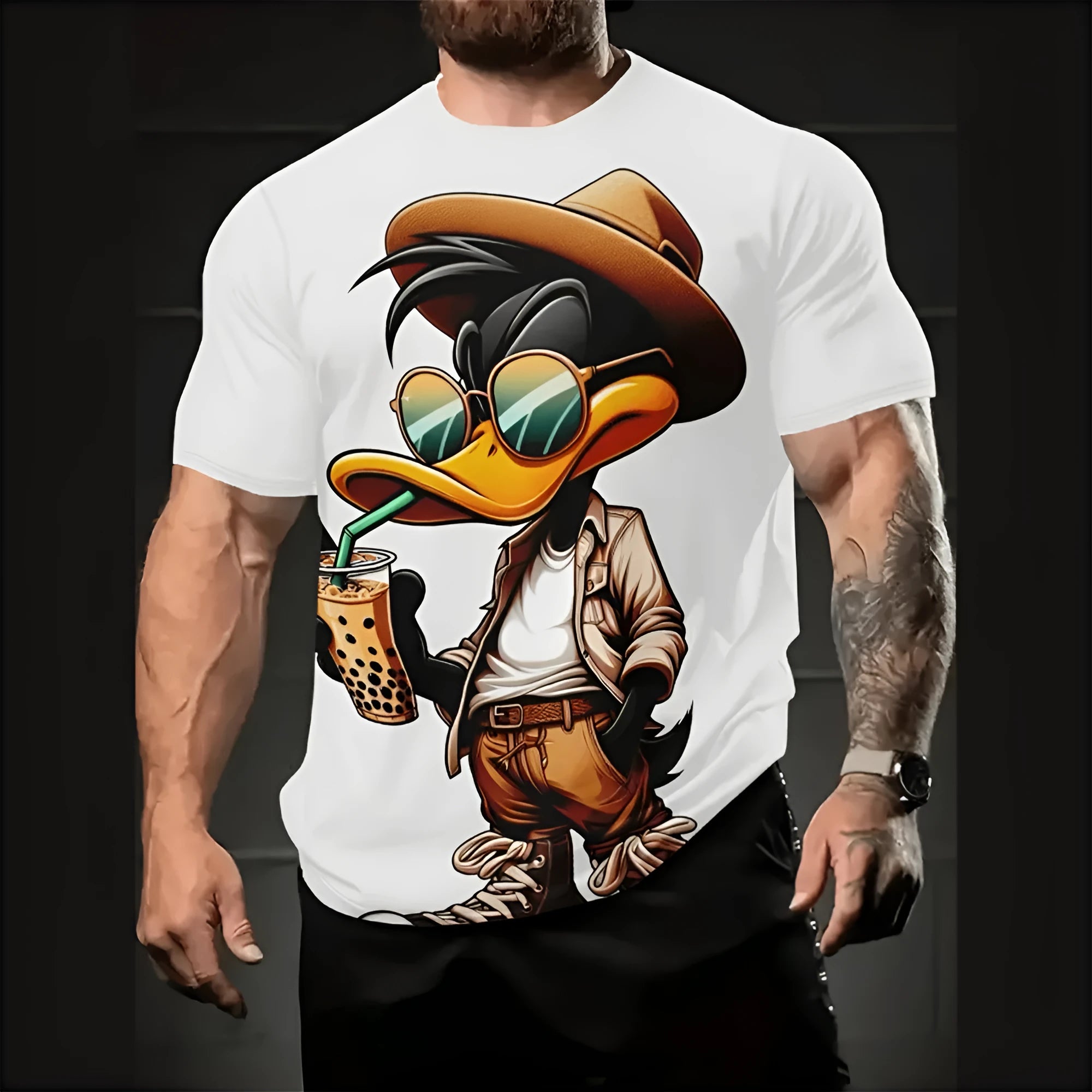 Men's loose fit casual t-shirt with 3D cartoon graphic print in milk silk linen fabric