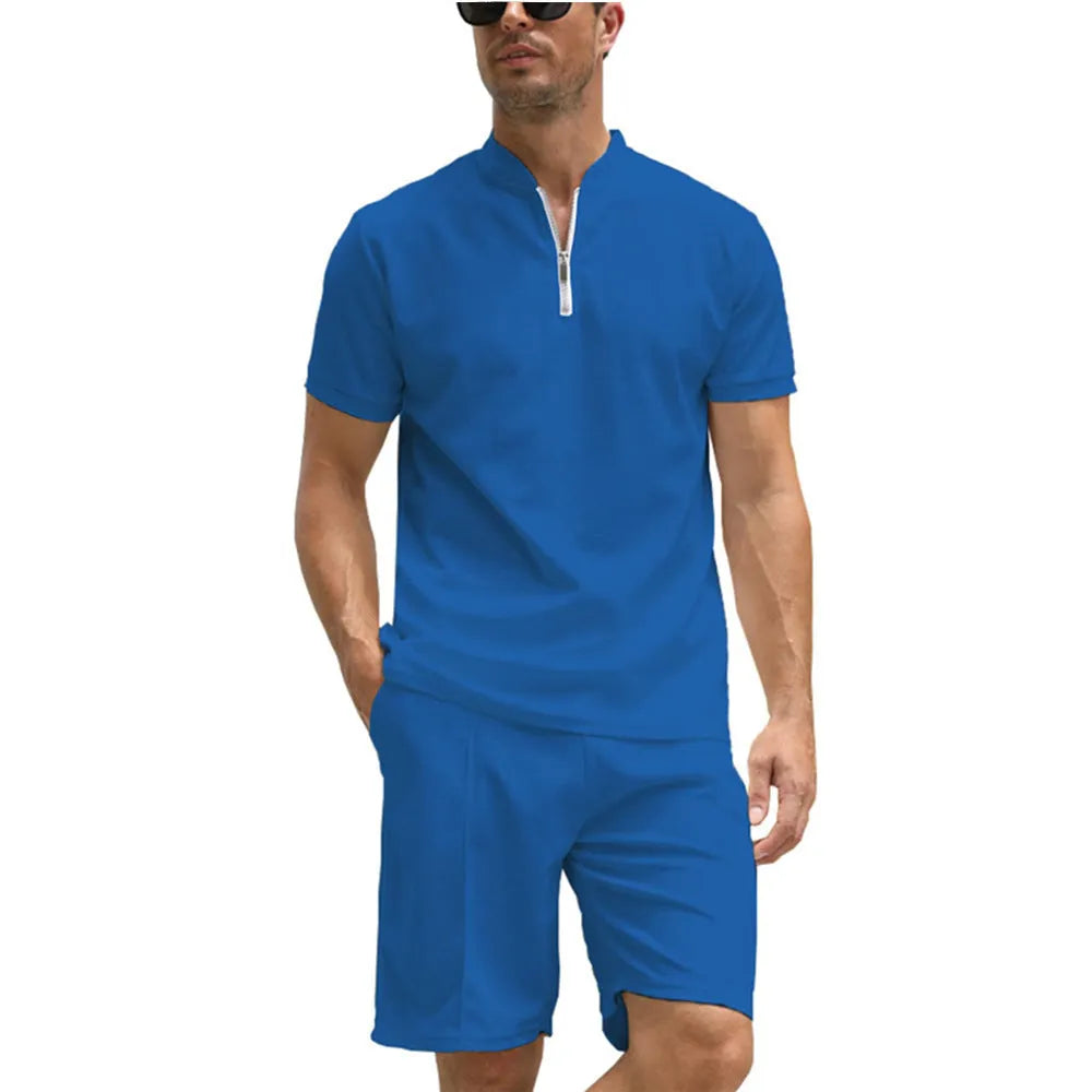 Men's solid colour polo shirt and trousers two-piece suit set in beaded bird's eye polyester fabric
