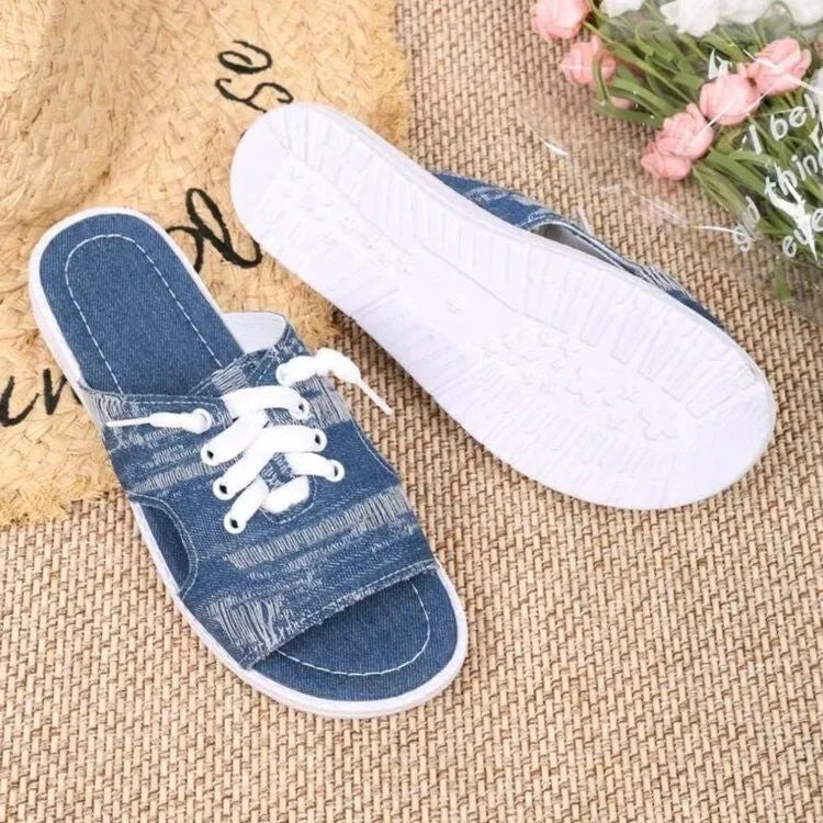 Blue women's Roman style canvas slippers with cloth lining and rubber soles
