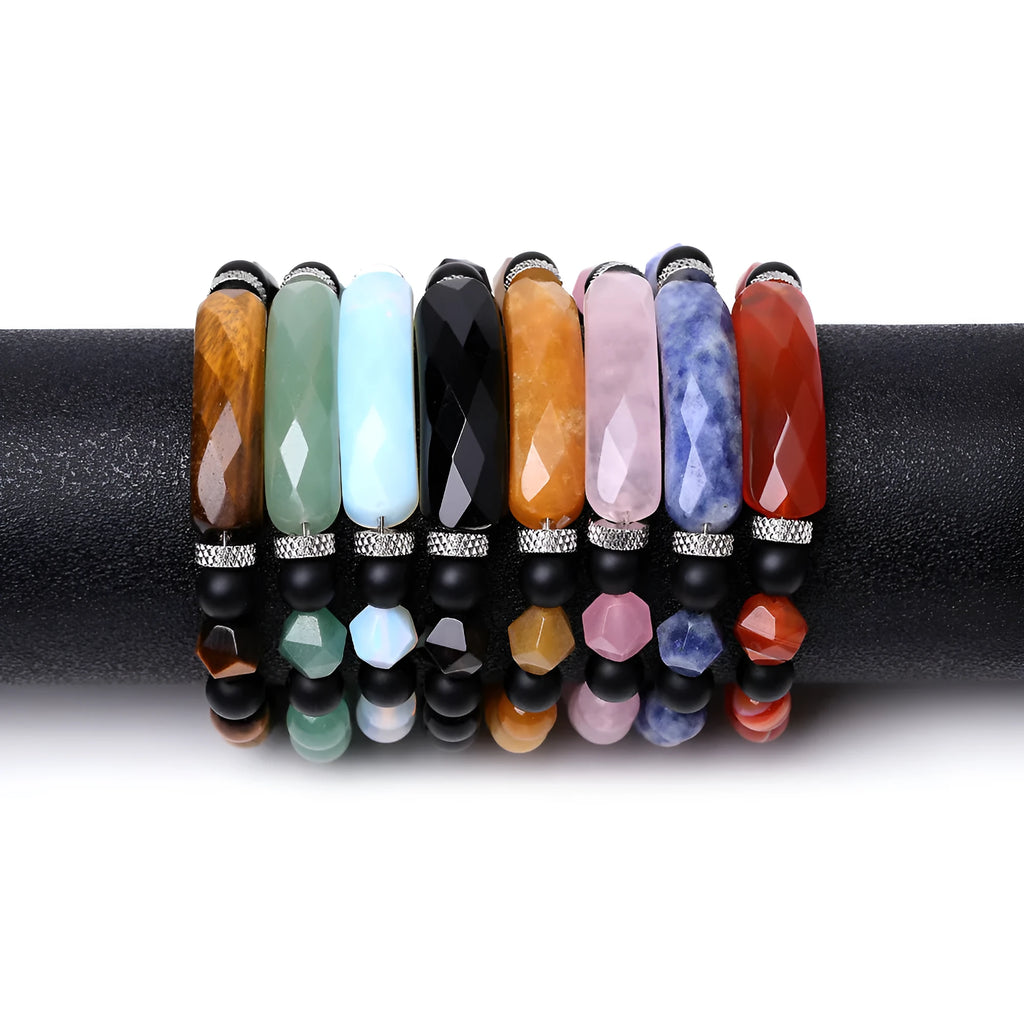 Black agate diamond-cut bracelet with geometric fan-shaped beads, handmade unisex jewellery