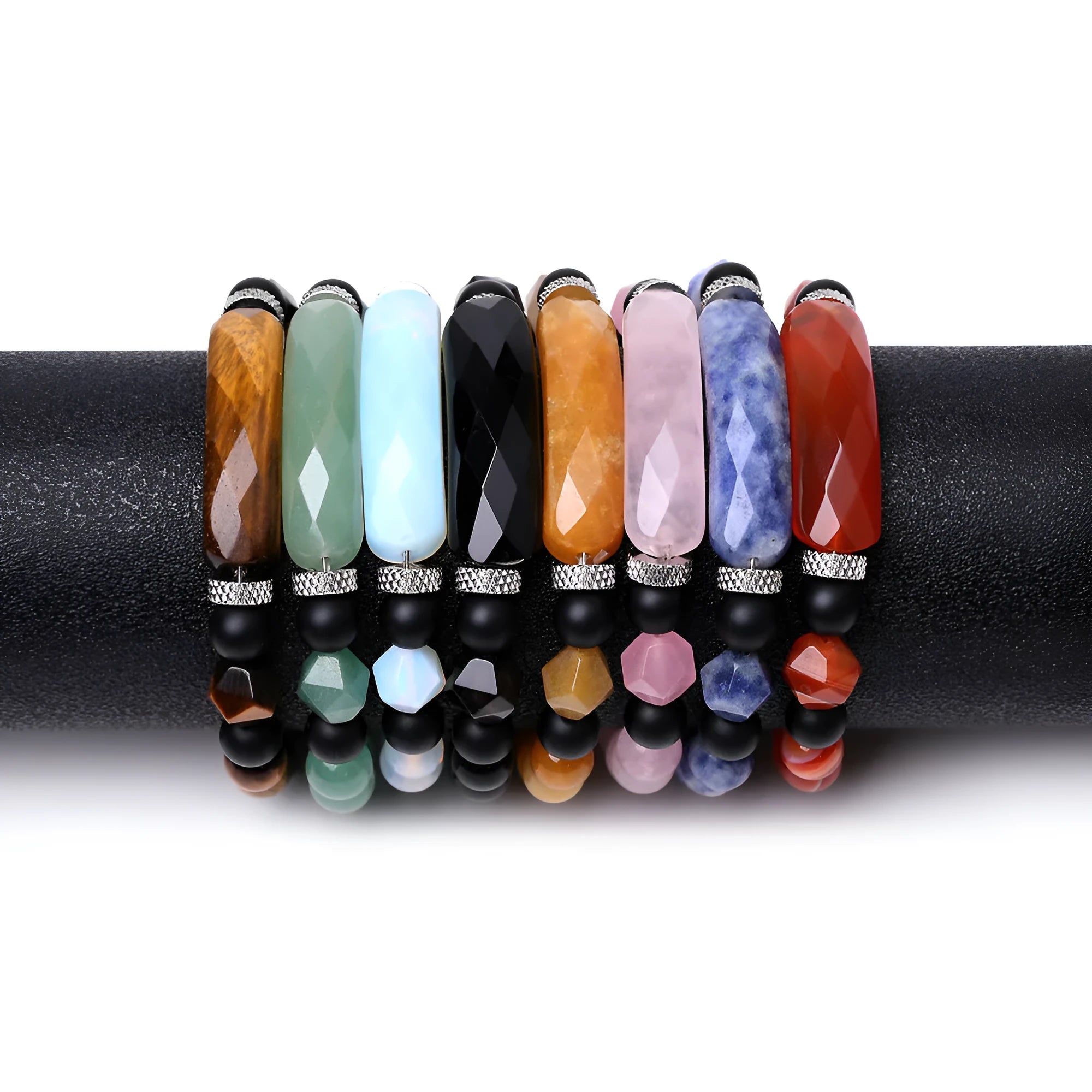 Black agate diamond-cut bracelet with geometric fan-shaped beads, handmade unisex jewellery