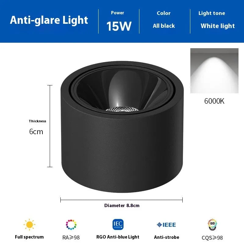 Ultra-thin surface mounted adjustable angle ceiling light aluminium 12W 15W black white finish