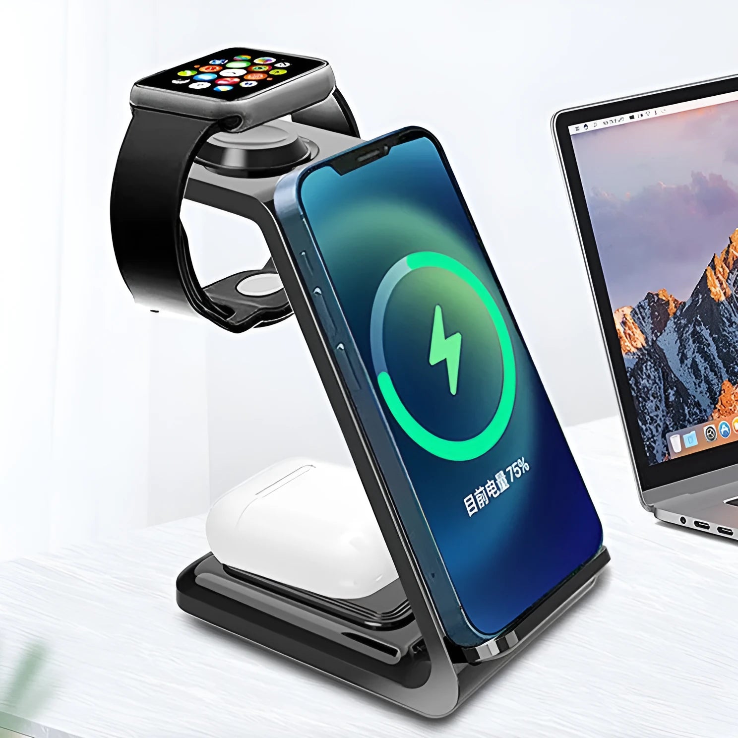 White upright wireless phone charger with dual-coil charging surface and QC3.0 fast charging support
