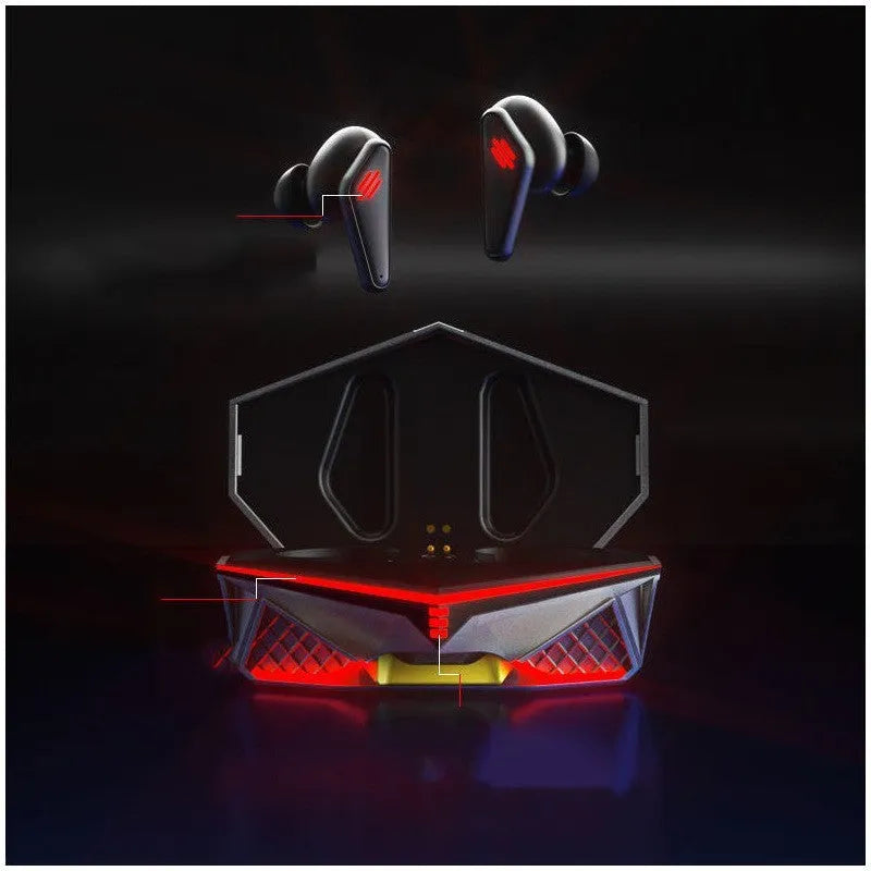 K98 Black TWS Bluetooth gaming earbuds with charging bay and accessories